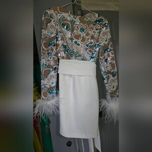 Lavish Alice Ivory Sequin feather Cuffs Dress